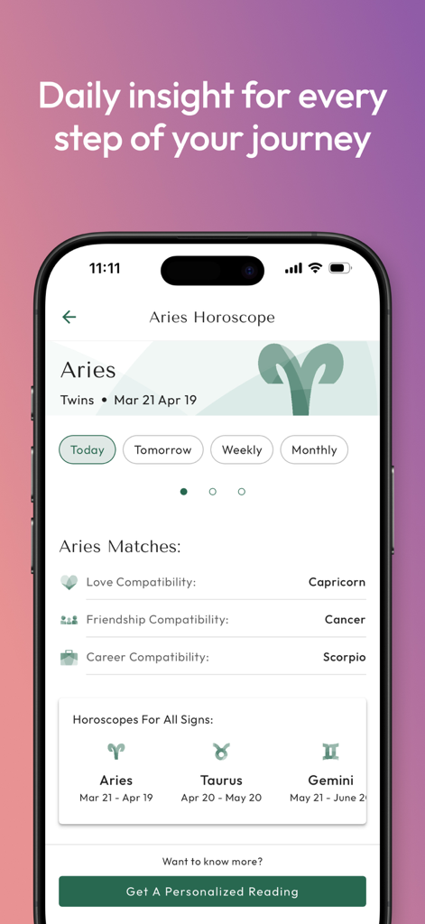 Keen Psychic Reading & Tarot - Daily Aries horoscope screen on Keen app showing love, friendship, and career compatibility matches.
