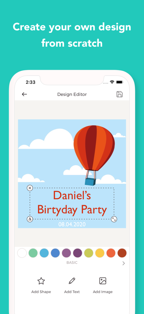 Design-Editor-Oberfläche der Labelr-App, die einen benutzerdefinierten Geburtstagsparty-Aufkleber mit einer Heißluftballon-Grafik und einem Farbauswahl-Tool zeigt