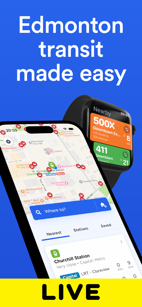 Interface do aplicativo Edmonton ETS Bus Tracker no iPhone e Apple Watch mostrando mapas de trânsito ao vivo e chegadas de ônibus em tempo real.