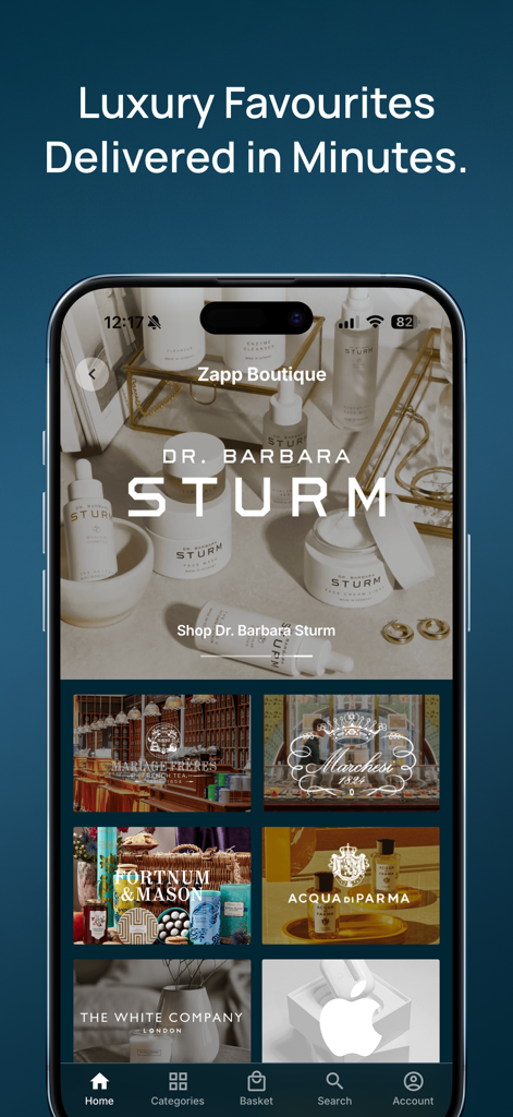 Zapp – 24/7 Drinks & Groceries - Zapp app interface showing the Zapp Boutique with luxury brands like Dr. Barbara Sturm and Fortnum and Mason