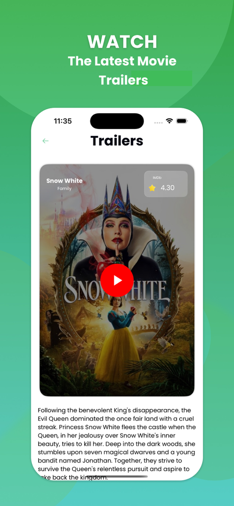 Captura de tela do aplicativo Movie Boxes mostrando uma prévia do trailer do filme Branca de Neve com classificações e descrição do IMDb