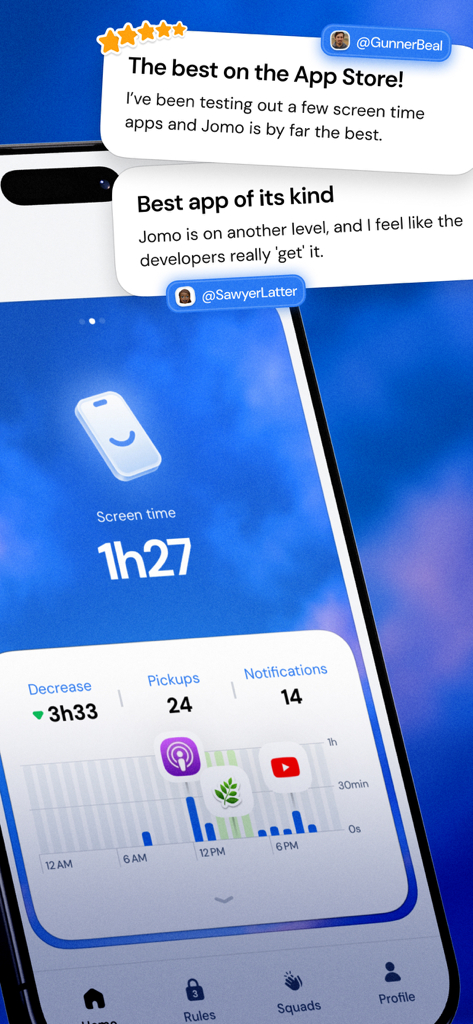 Jomo - Screen Time Blocker - Jomo app interface showing positive user reviews and a screen time statistics dashboard