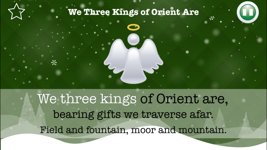 Sing Along Christmas Carols - Pantalla de karaoke que muestra la letra de We Three Kings of Orient Are con una ilustración de un ángel sobre un fondo verde