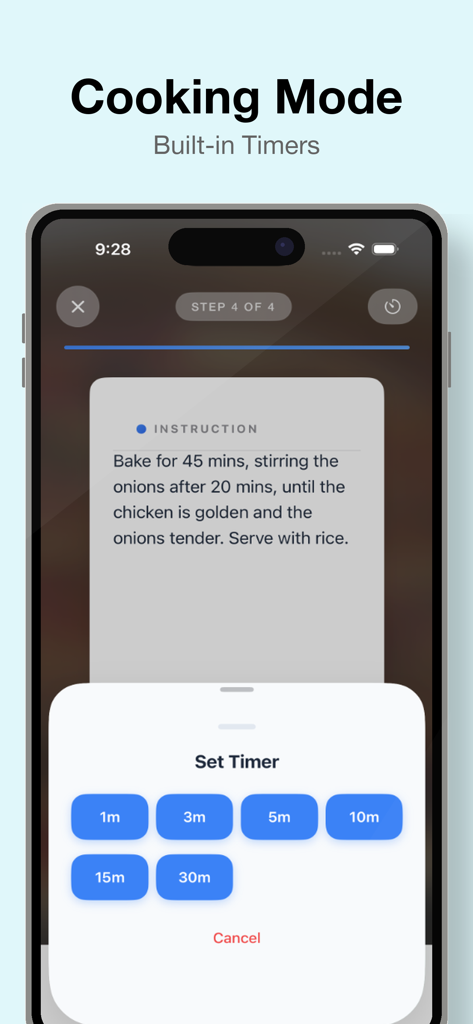 Um smartphone exibindo o recurso de modo de cozimento do aplicativo Planejador de Compras e Refeições com uma instrução de receita e seleção de temporizador embutido.