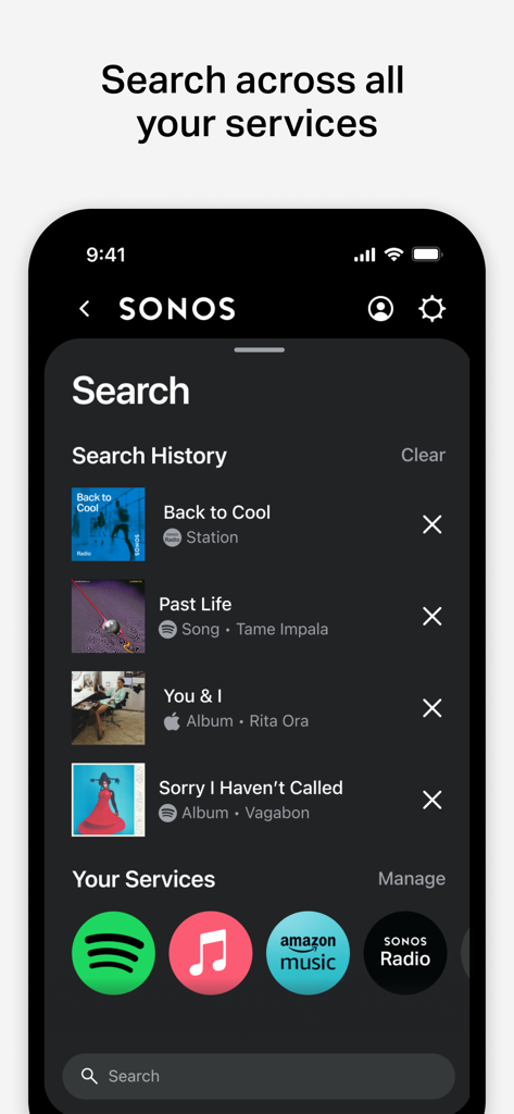 Sonos app search screen displaying search history and integrated streaming services like Spotify and Apple Music