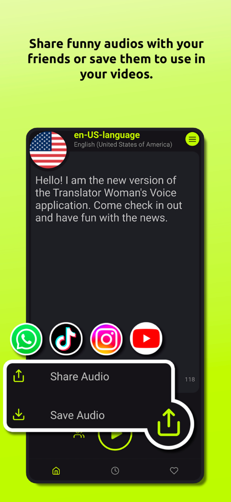 Interfaccia dell'app che mostra le opzioni per condividere o salvare audio text-to-speech per piattaforme social come TikTok e Instagram