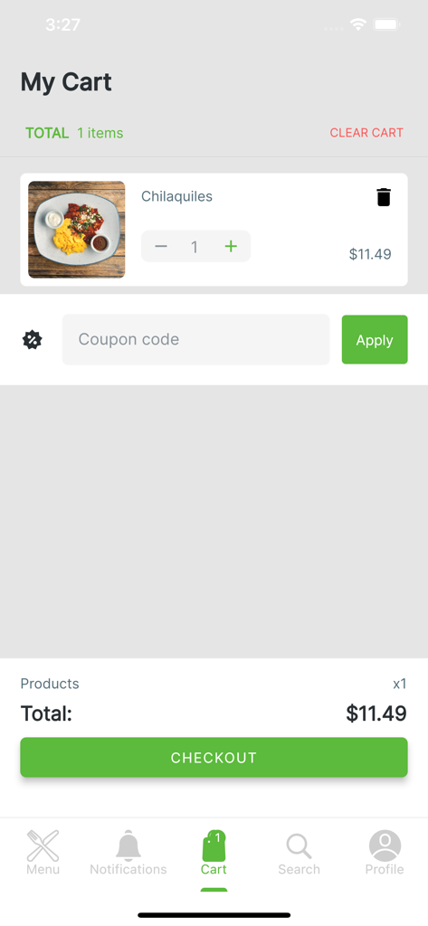 A tela do carrinho de compras do aplicativo Max Fit Meals mostrando um pedido de Chilaquiles e um botão de checkout.