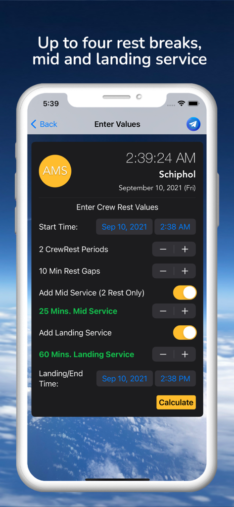 Inflight CrewRest - Mobile app screen for calculating airline crew rest breaks and service times