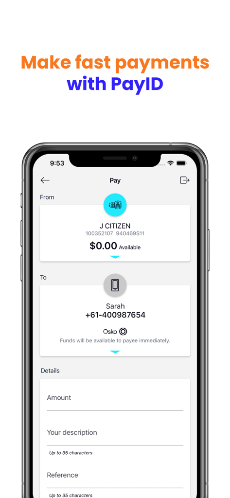 Easy Street - A smartphone showing the Easy Street banking app interface for making fast payments using PayID.