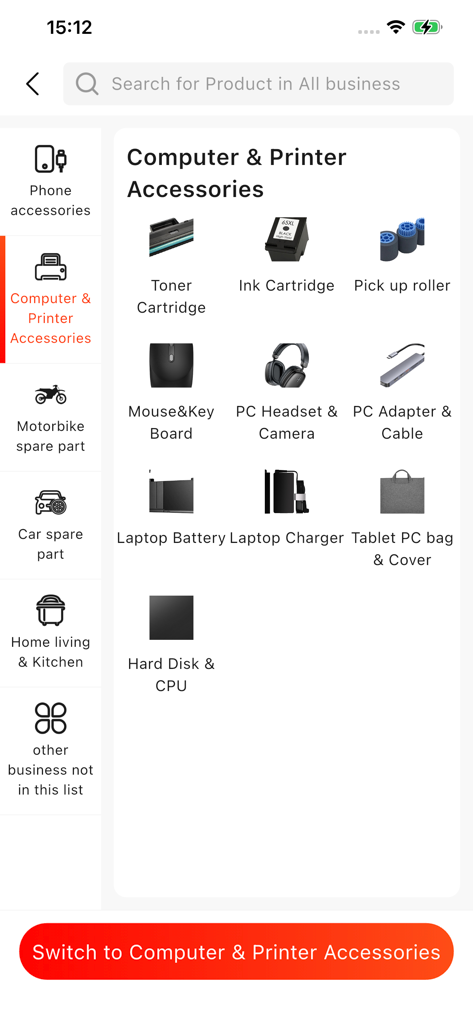 HappySell - Interfaz del catálogo de productos mayoristas de la aplicación móvil HappySell para accesorios de computadoras e impresoras.