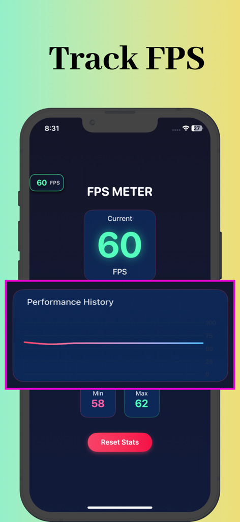 Interface of FPS Meter app showing a real time frame rate of 60 and a performance history graph