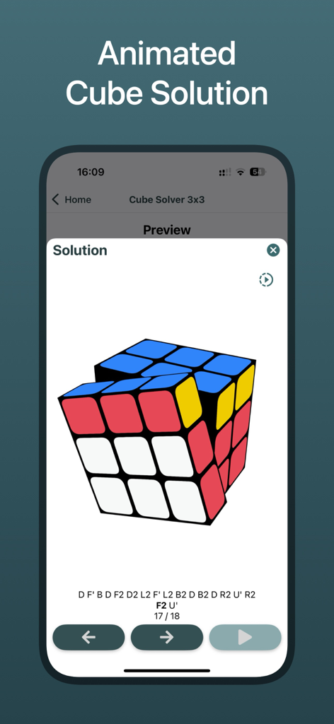 Rubix Cube Solver CubeXpert - Tela de um smartphone mostrando um solucionador animado de cubo de Rubik 3D com algoritmos passo a passo e botões de navegação.