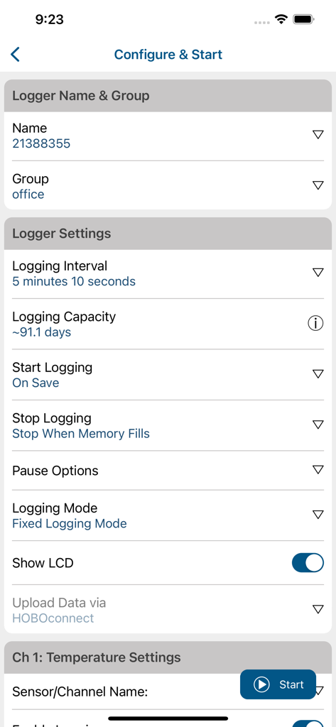 HOBOconnect App-Oberfläche mit Konfigurationseinstellungen und Startoptionen für den Datenlogger
