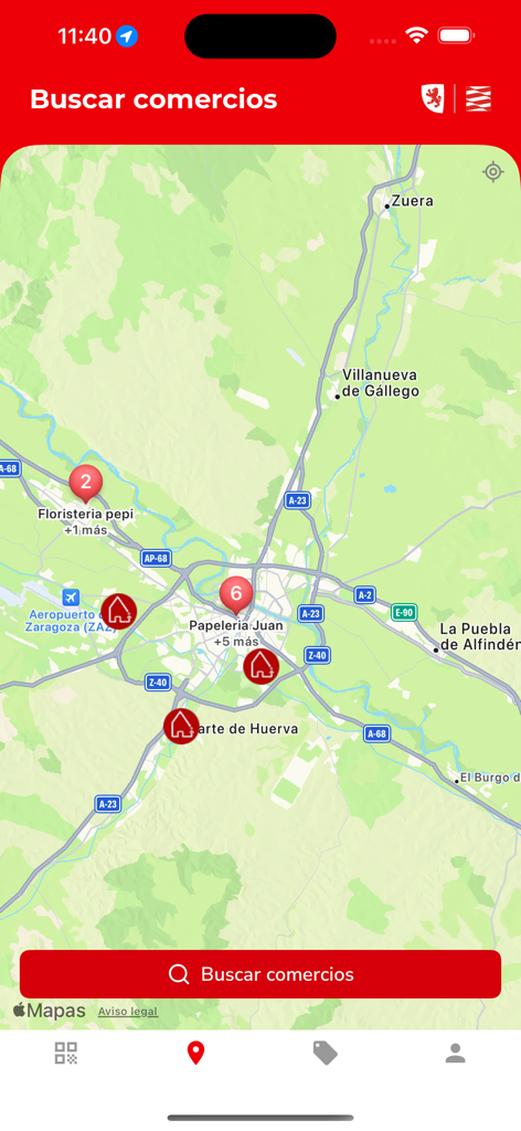 Volveremos - 핀이 있는 지역 사업체와 하단의 검색창을 보여주는 모바일 앱 인터페이스의 지도