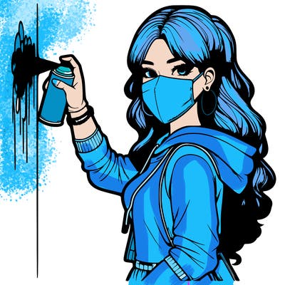 realistic girl with mask spray painting a wall