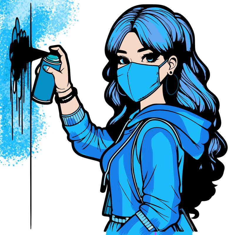 realistic girl with mask spray painting a wall