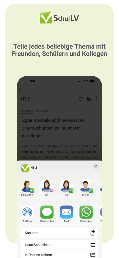 SchulLV - SchulLV App-Interface mit der Funktion zum Teilen von Inhalten über das iOS-Share-Sheet, um Lernmaterial an Freunde zu senden