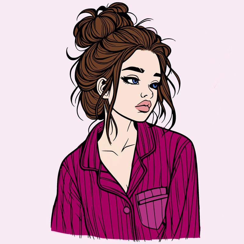 realistic woman with pajamas on and a messy bun