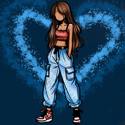 girl in baggy pants crop top and long hair