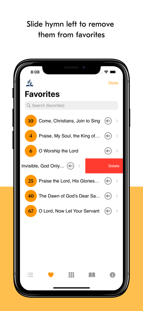 SDA Hymns - Favorites screen in the SDA Hymns app showing the swipe to delete feature for saved hymns.