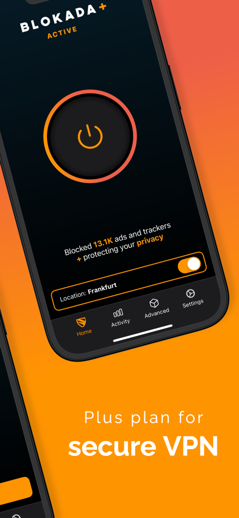 Ad Blocker VPN & DNS – Blokada - Blokada Plus mobile app screen showing active VPN and ad blocking statistics