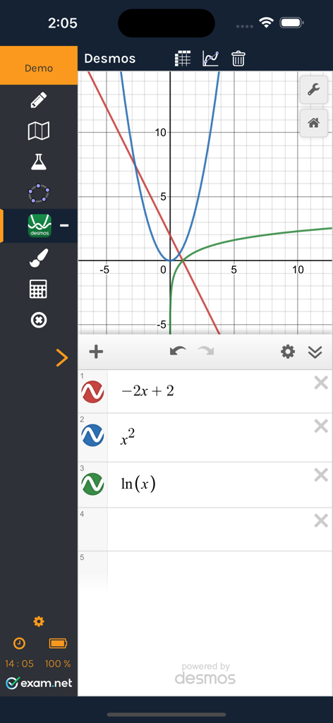 Exam.netインターフェース。統合されたDesmosグラフ計算機を備え、座標グリッド上にいくつかの数学的関数がプロットされています。