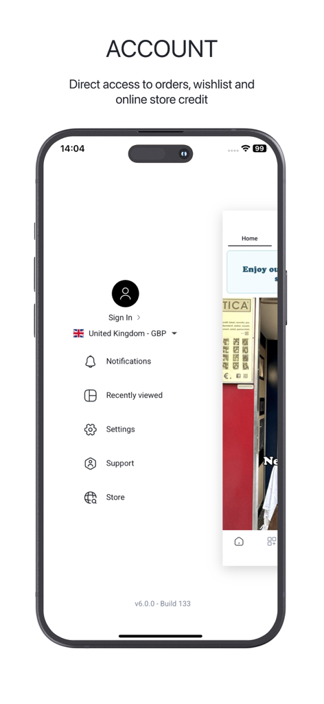 Subdued app account profile screen showing navigation menu and sign in options.