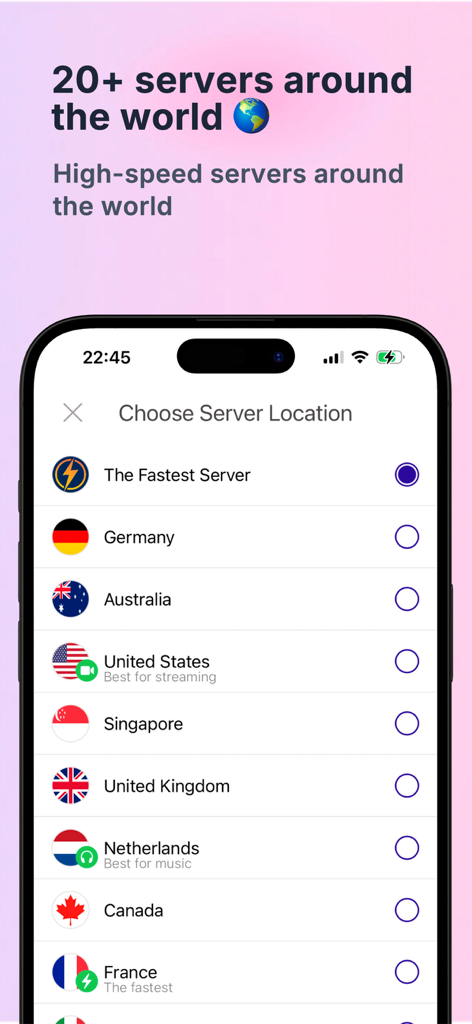 VPN Global Guard - A mobile interface showing various global server locations available in the VPN Global Guard app
