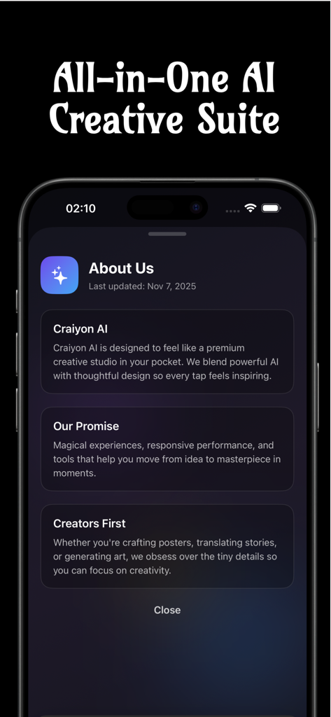 Craiyon AI Mobile - Craiyon AI About Us page describing its mission as an all-in-one creative suite for digital creators.