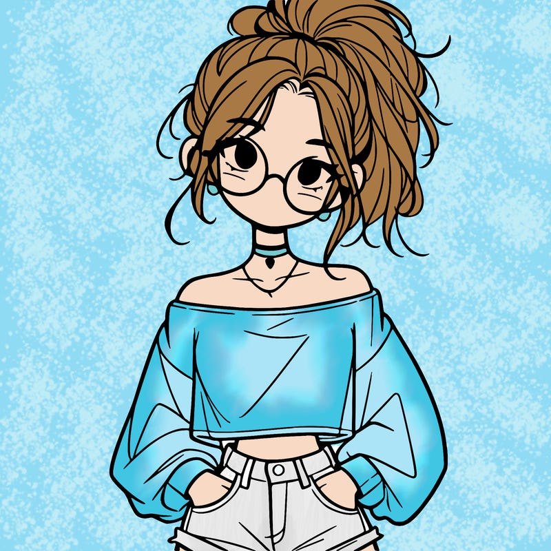 girl with a messy ponytail glasses a baggy crop top and jean shorts