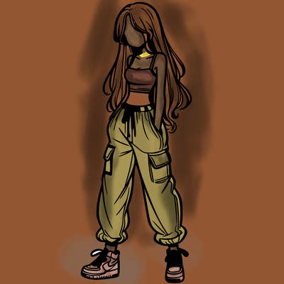 girl in baggy pants crop top and long hair