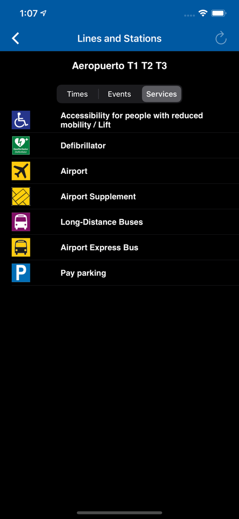Official Metro de Madrid - La scheda Servizi per la stazione Aeropuerto T1 T2 T3 nell'app Metro Ufficiale di Madrid che mostra opzioni di accessibilità e trasporto