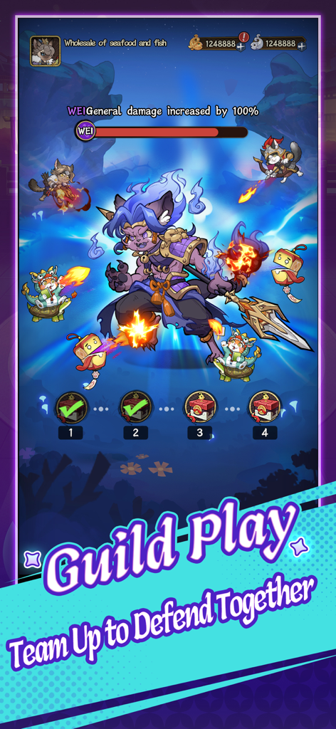 Cat Hero:GO - A gameplay screenshot of Cat Hero:GO showing a guild play battle with stylized cat warriors and a boss general.