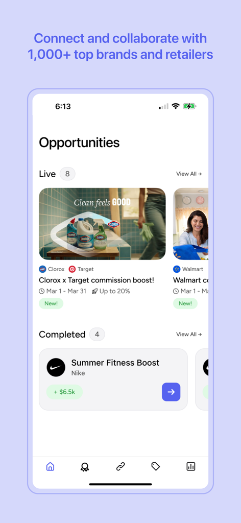 Mavely - Influencer Rewards - Interfaz de la aplicación Mavely que muestra una lista de oportunidades de colaboración de marcas para influencers, con marcas como Clorox, Target y Nike.