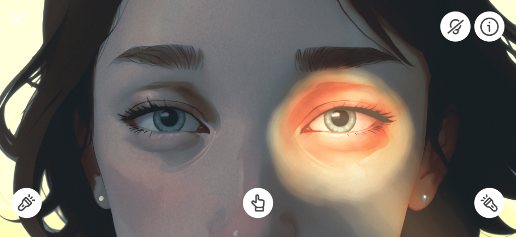 Pupil Wizard - Simulación médica de una prueba de reflejo pupilar a la luz en un paciente ilustrado.