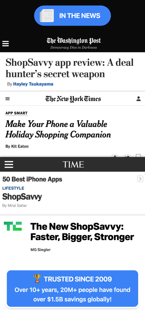 Media coverage and reviews for ShopSavvy from The New York Times, The Washington Post, TIME, and TechCrunch highlighting its longevity and user savings.