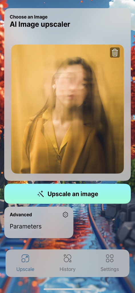 AI Image Enhancer & Upscaler - AI 이미지 향상기 앱 인터페이스. 흐릿한 여성 사진과 업스케일 버튼 표시