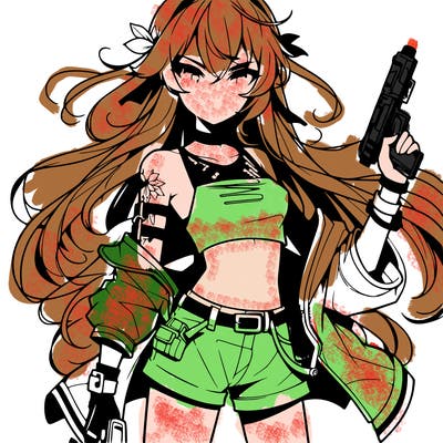 bad girl wearing crop top holding a gun long hair anime