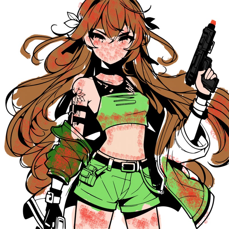 bad girl wearing crop top holding a gun long hair anime