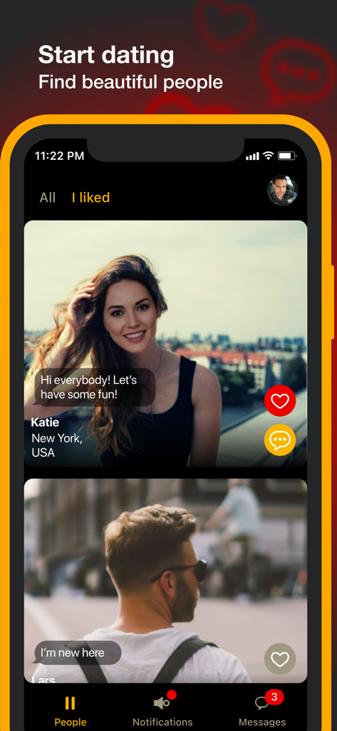 Match and Meet - Dating app - Interfaz móvil de la aplicación de citas Match and Meet mostrando perfiles de usuario con funciones de me gusta y comentarios