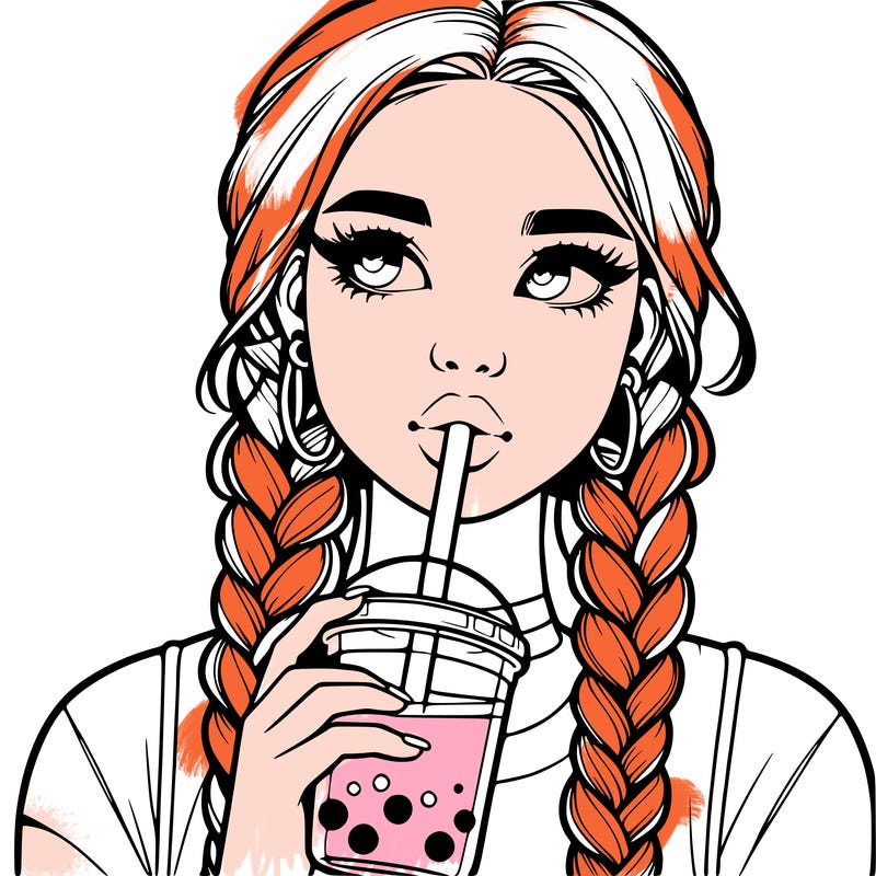 realistic girl with braided hair drinking boba