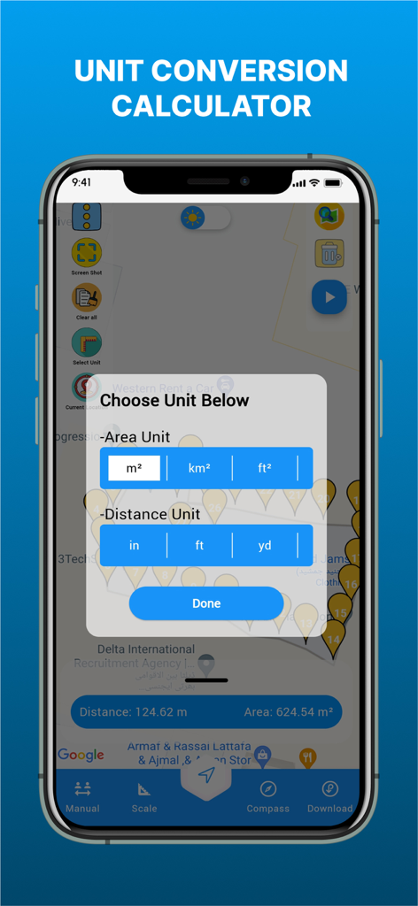 GPS Land Area Measure Live - Aplicativo Medição de Área de Terreno GPS mostrando opções de conversão de unidades de área e distância em um mapa