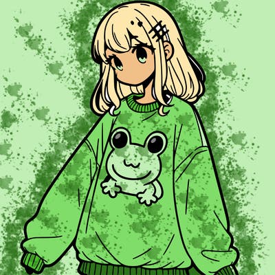 girl wearing frogging sweatshirt