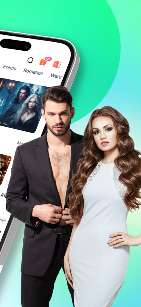 A man and a woman posing in front of a smartphone displaying the Hinovel app interface with romance categories