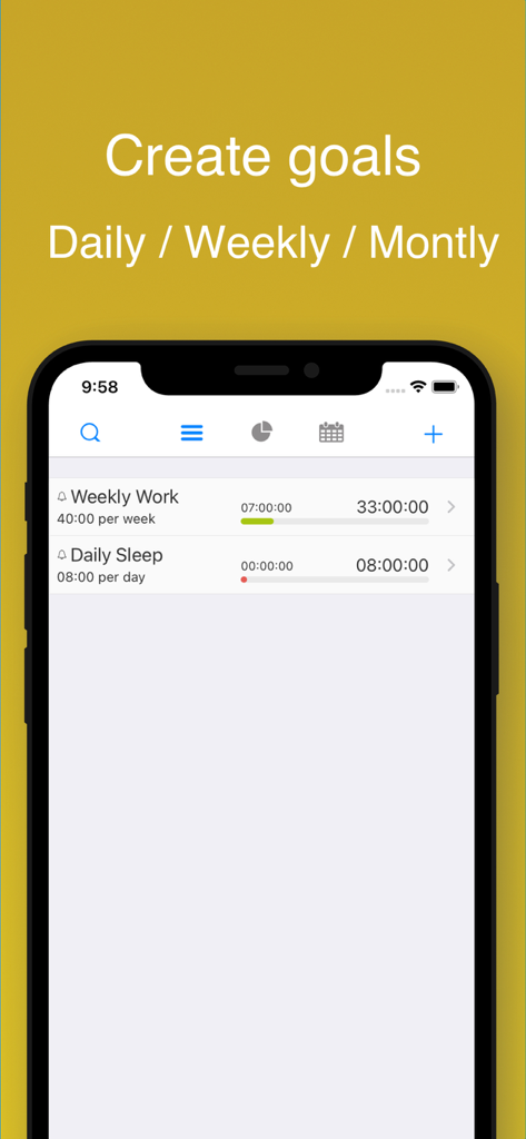 aTimeLogger Time Tracker - Interfaz de la aplicación aTimeLogger que muestra objetivos diarios y semanales de trabajo y sueño con barras de progreso.