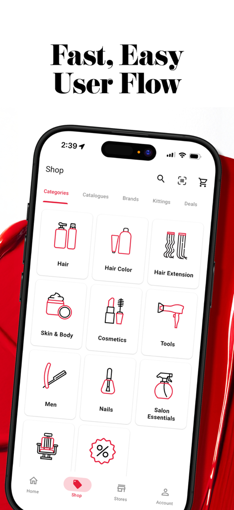 Modern Beauty App Shop-Oberfläche mit Produktkategorien für Schönheitsprofis