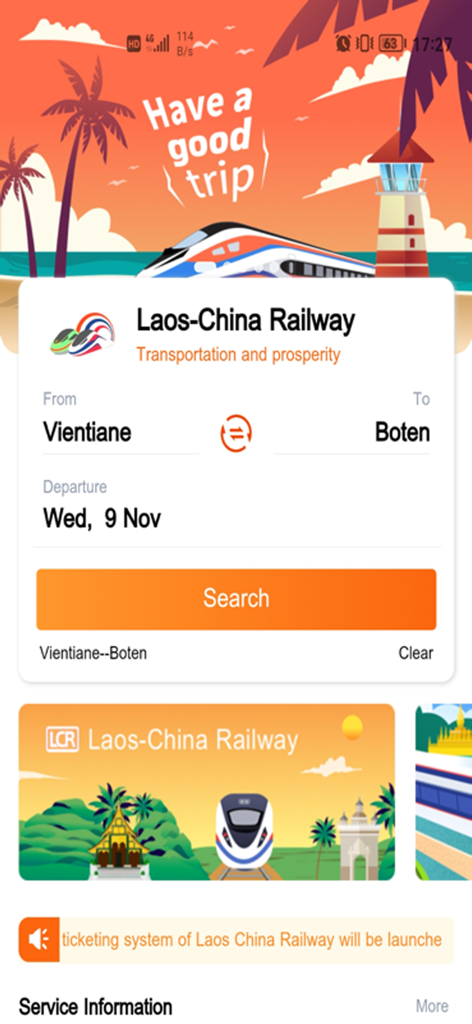 LCR Ticket - LCR Ticket app home screen showing train ticket search from Vientiane to Boten.