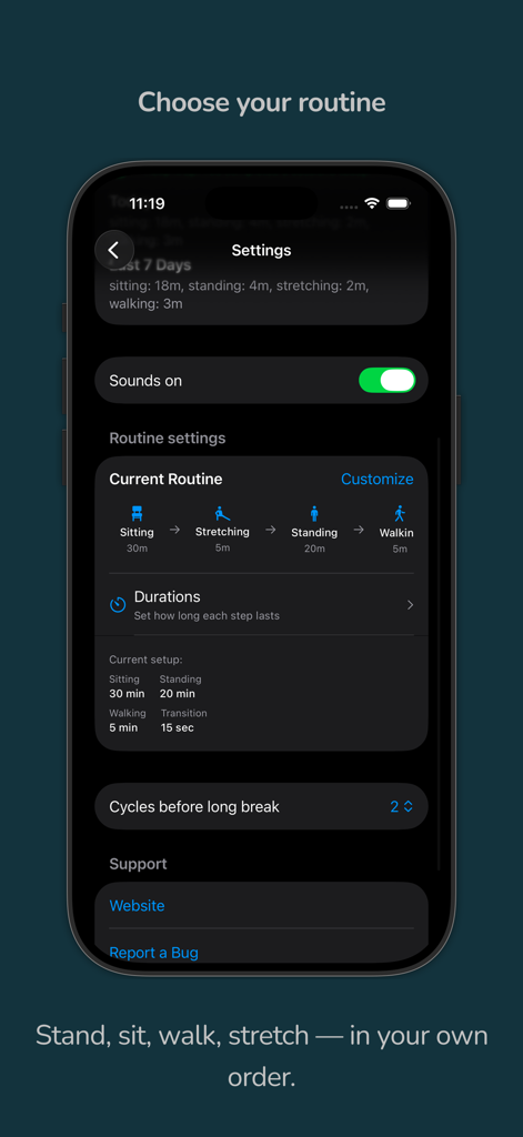 Standly | Standing desk timer - Custom routine settings screen in the Standly app showing sitting stretching and standing intervals