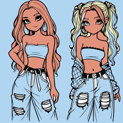 2 girls in crop tops and baggy jeans ripped