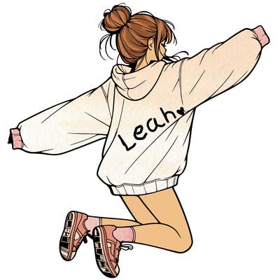 realistic girl jumping with a bun and oversized sweatshirt